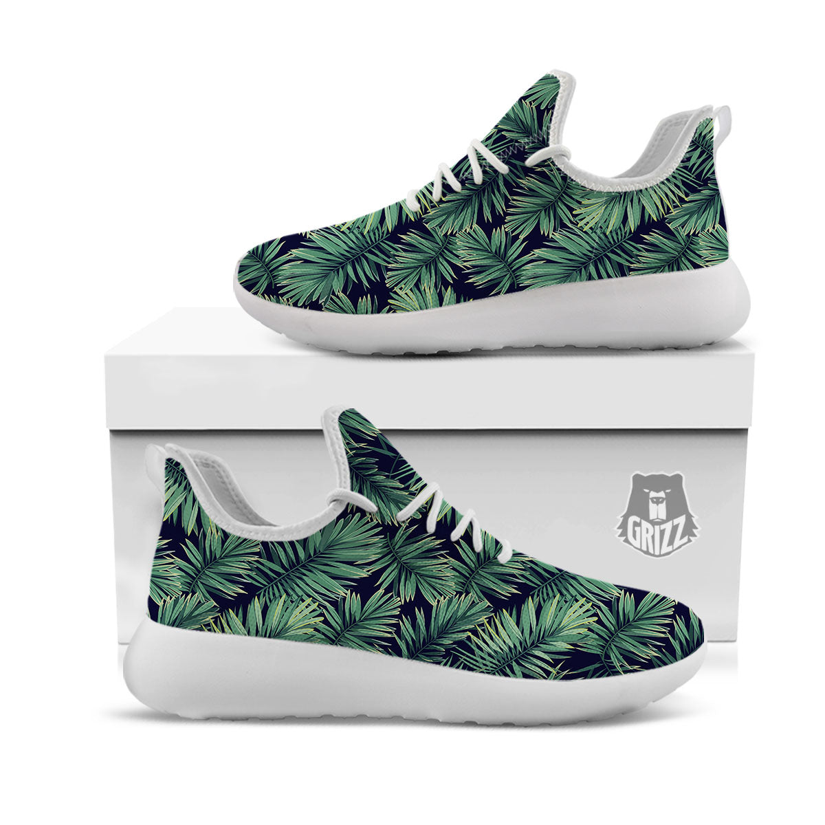 Dark Green Palm Tree Print Pattern White Athletic Shoes-grizzshop