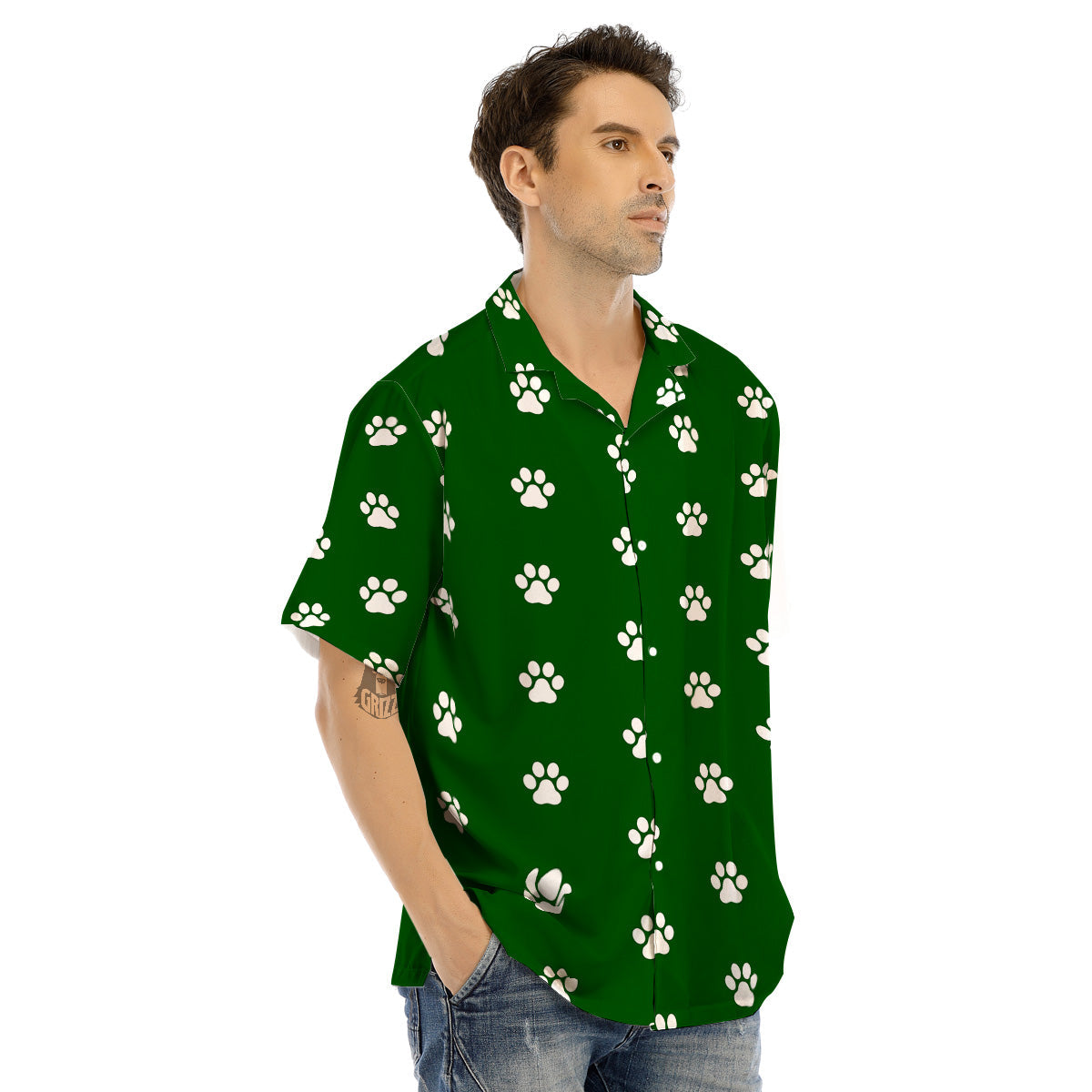 Dark Green Paw Print Men’s Hawaiian Shirt-grizzshop
