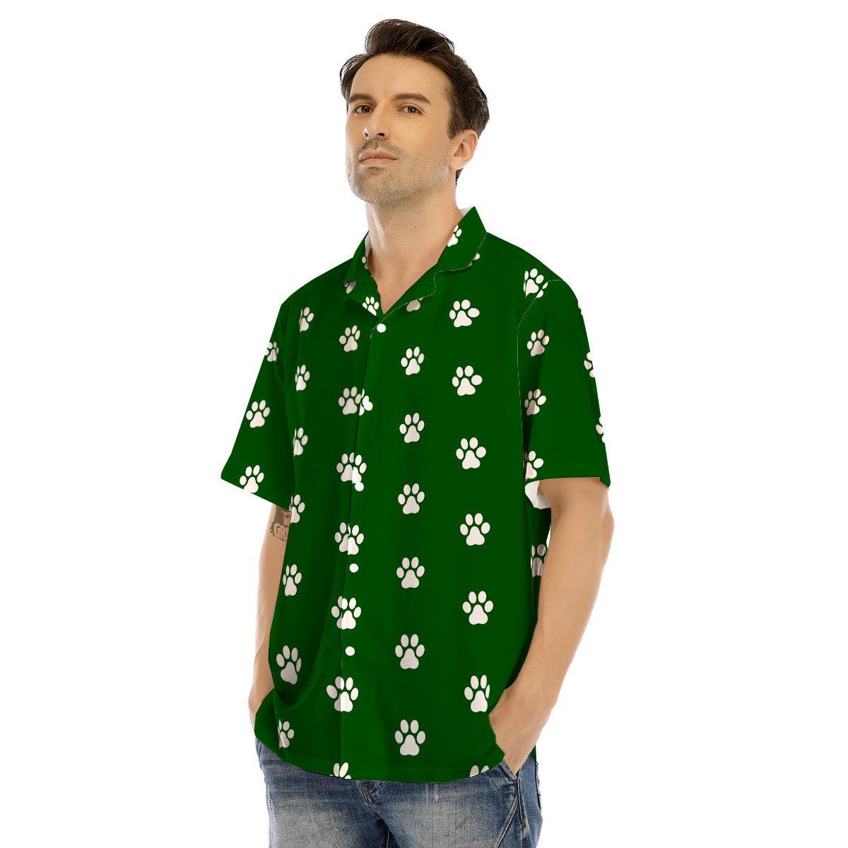Dark Green Paw Print Men’s Hawaiian Shirt-grizzshop