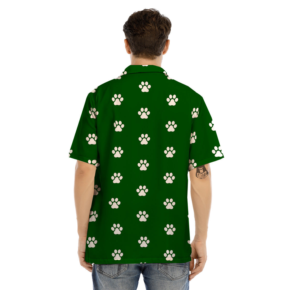 Dark Green Paw Print Men’s Hawaiian Shirt-grizzshop