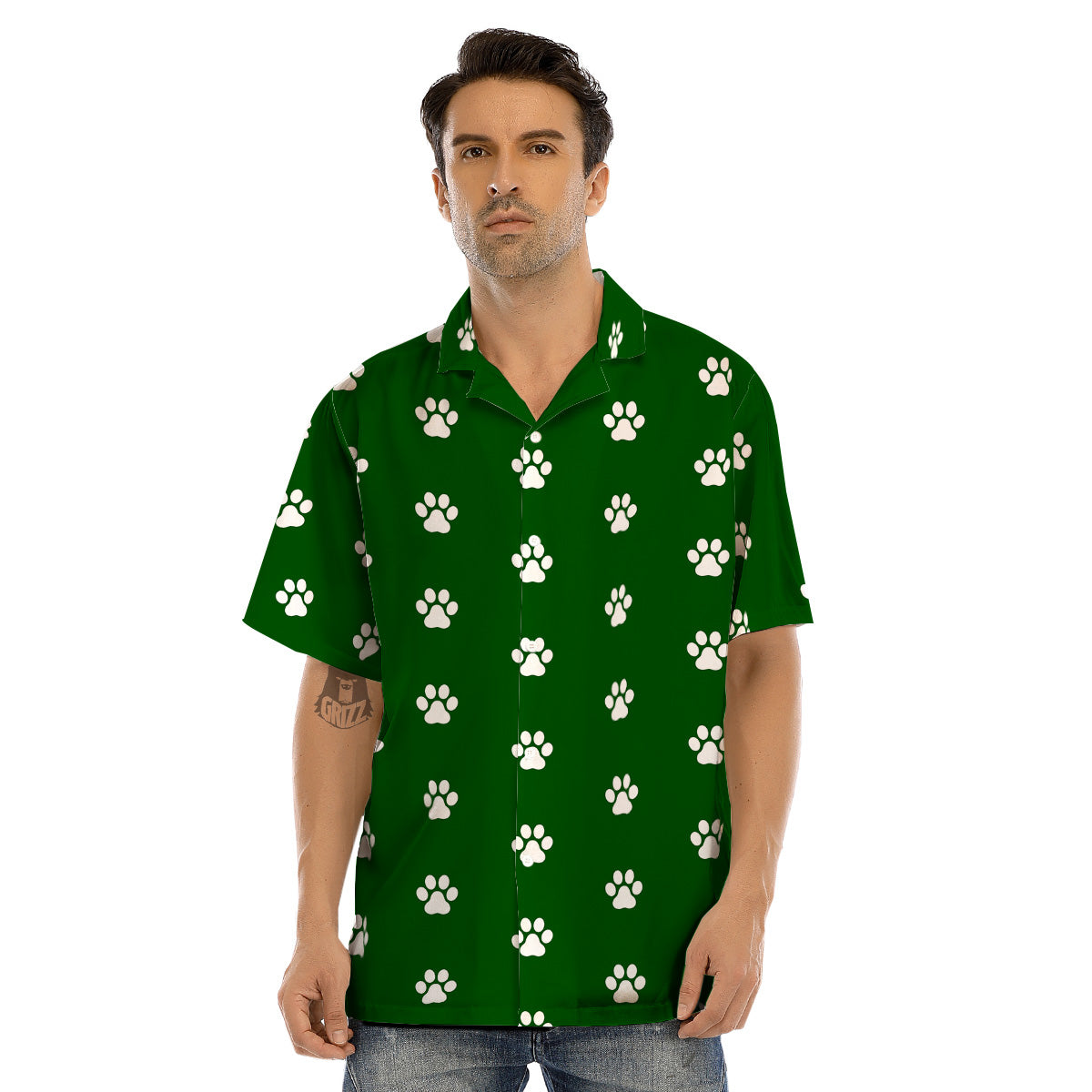 Dark Green Paw Print Men’s Hawaiian Shirt-grizzshop