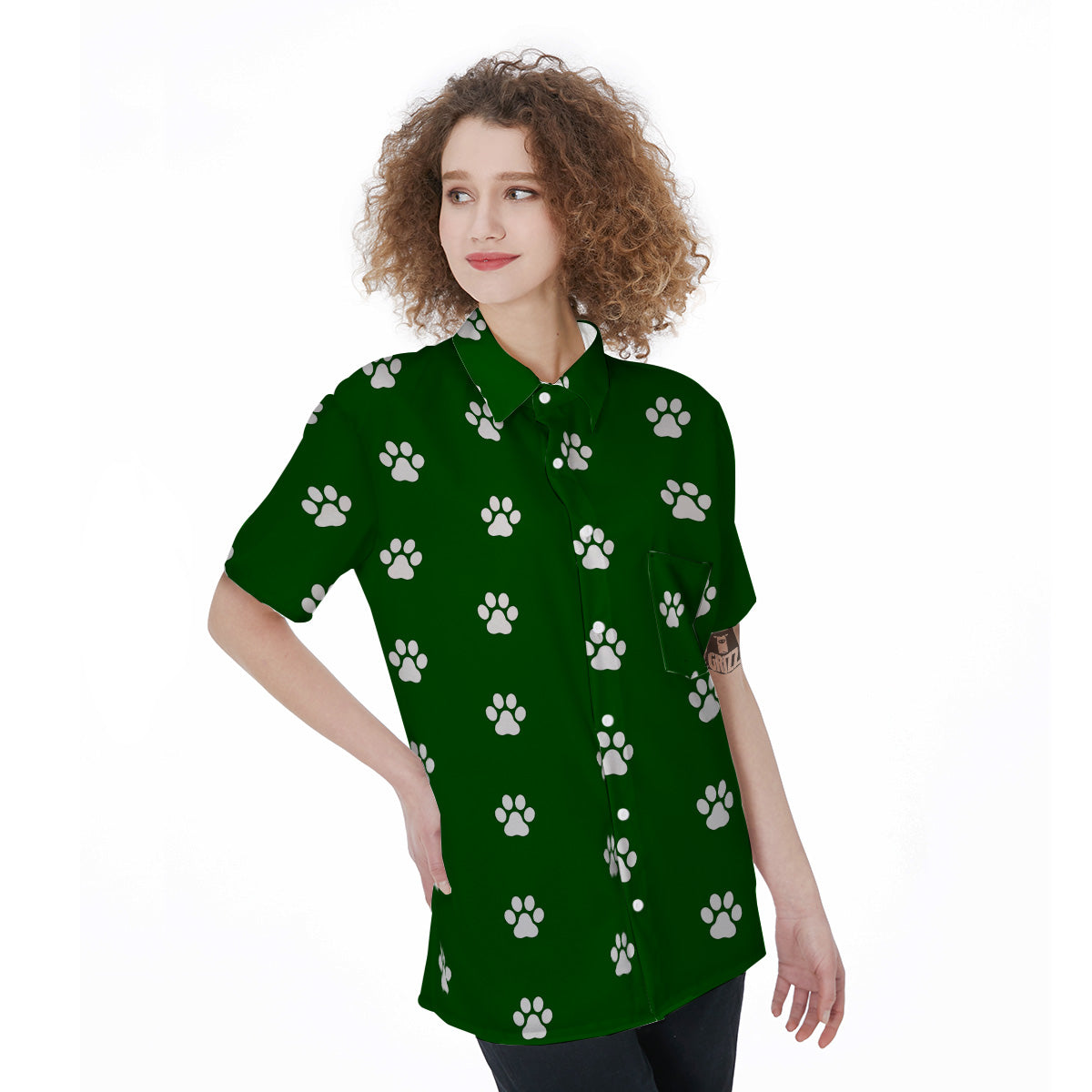 Dark Green Paw Print Women's Short Sleeve Shirts-grizzshop