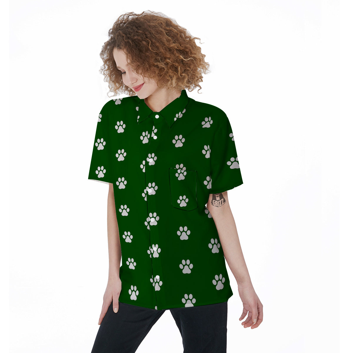 Dark Green Paw Print Women's Short Sleeve Shirts-grizzshop