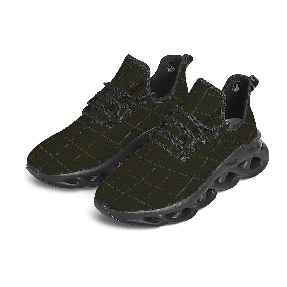 Dark Green Tattersall Print Pattern Black Running Shoes-grizzshop