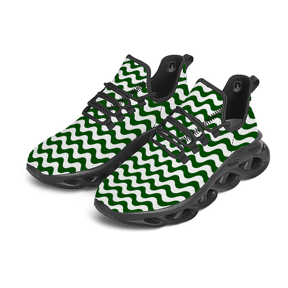 Dark Green Wave Striped Print Black Running Shoes-grizzshop