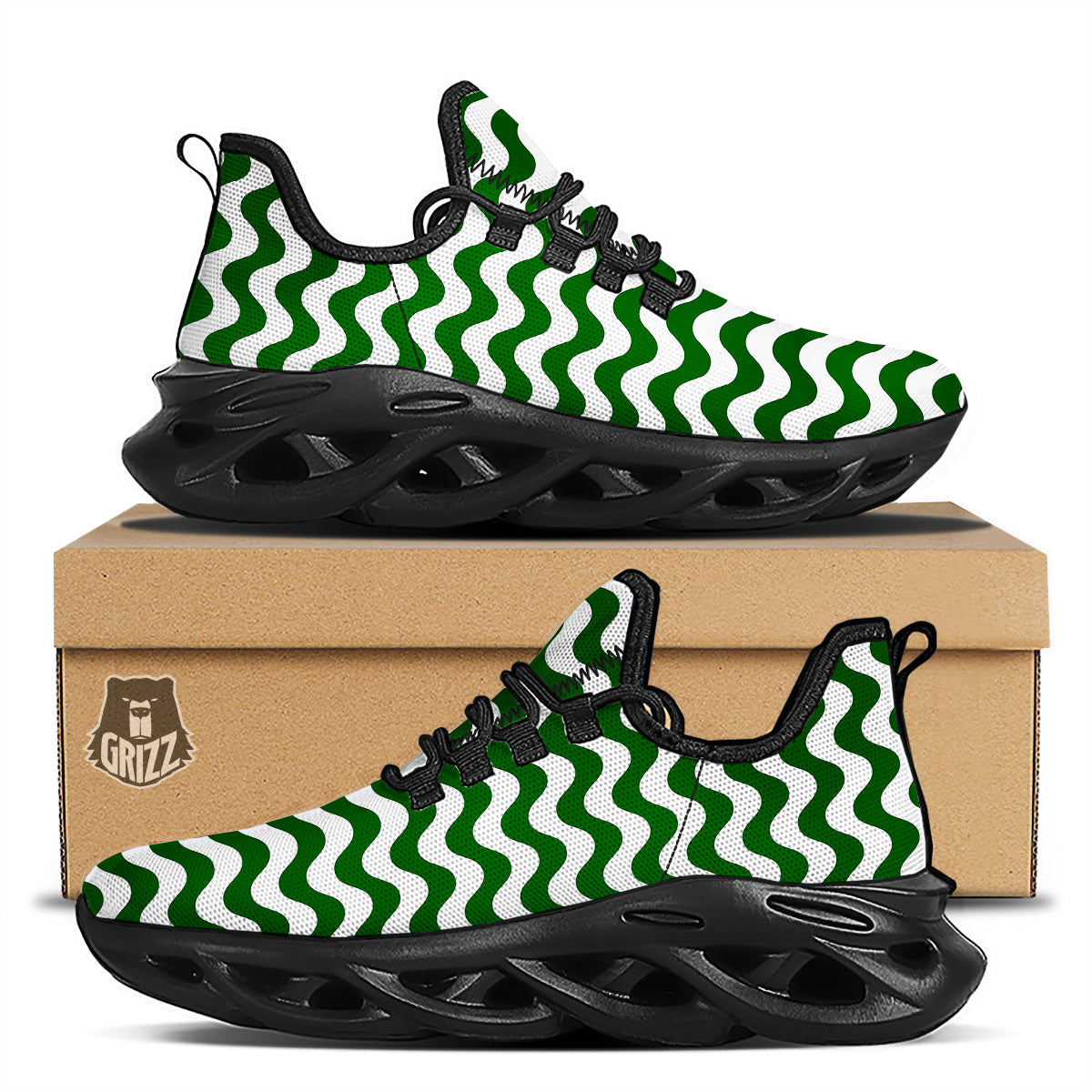 Dark Green Wave Striped Print Black Running Shoes-grizzshop