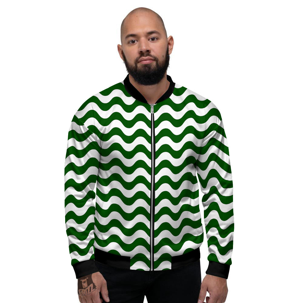 Dark Green Wave Striped Print Men's Bomber Jacket-grizzshop