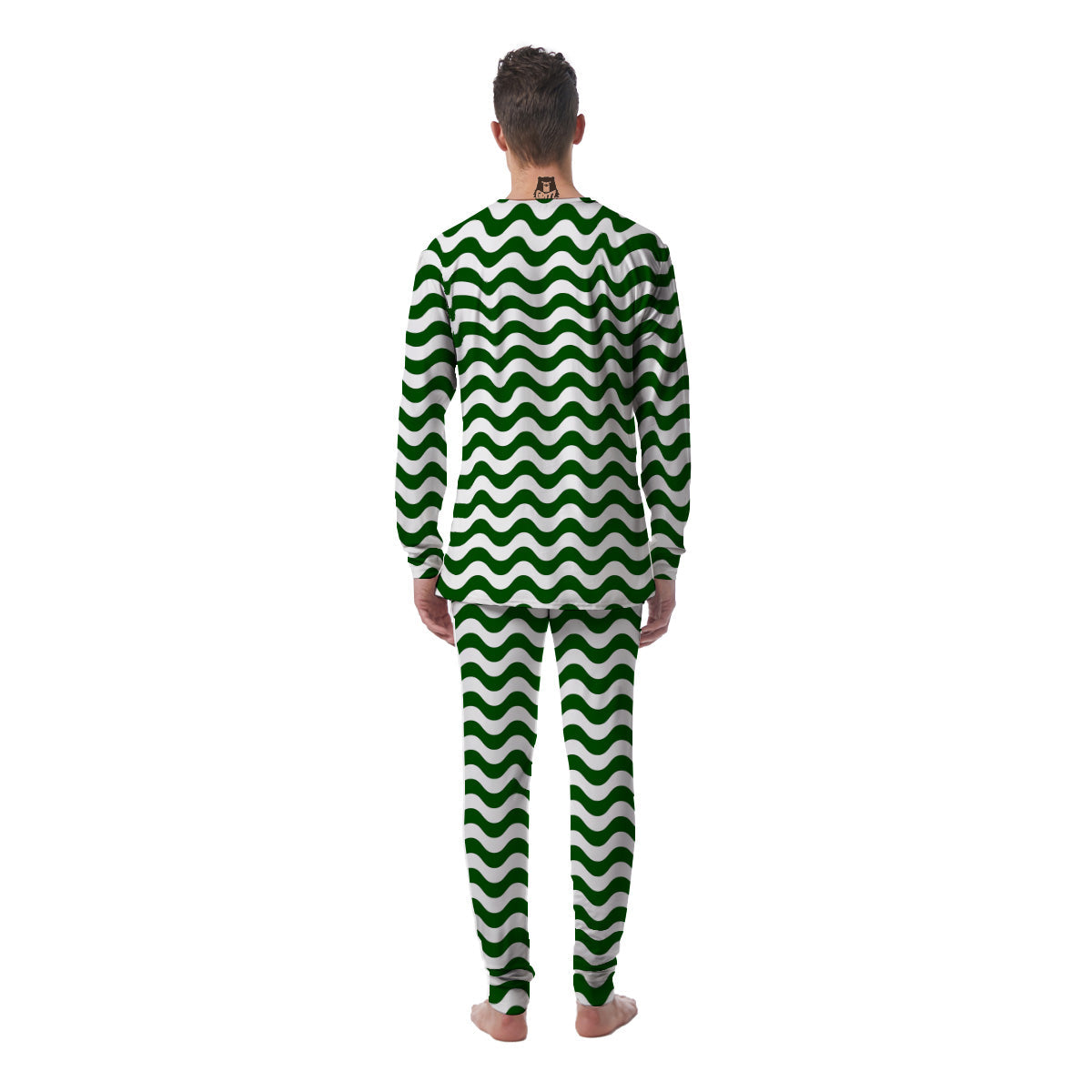 Dark Green Wave Striped Print Men's Pajamas-grizzshop