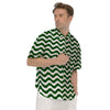 Dark Green Wave Striped Print Men's Short Sleeve Shirts-grizzshop