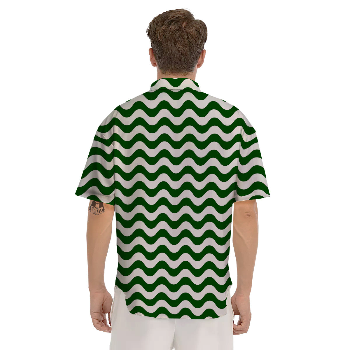 Dark Green Wave Striped Print Men's Short Sleeve Shirts-grizzshop