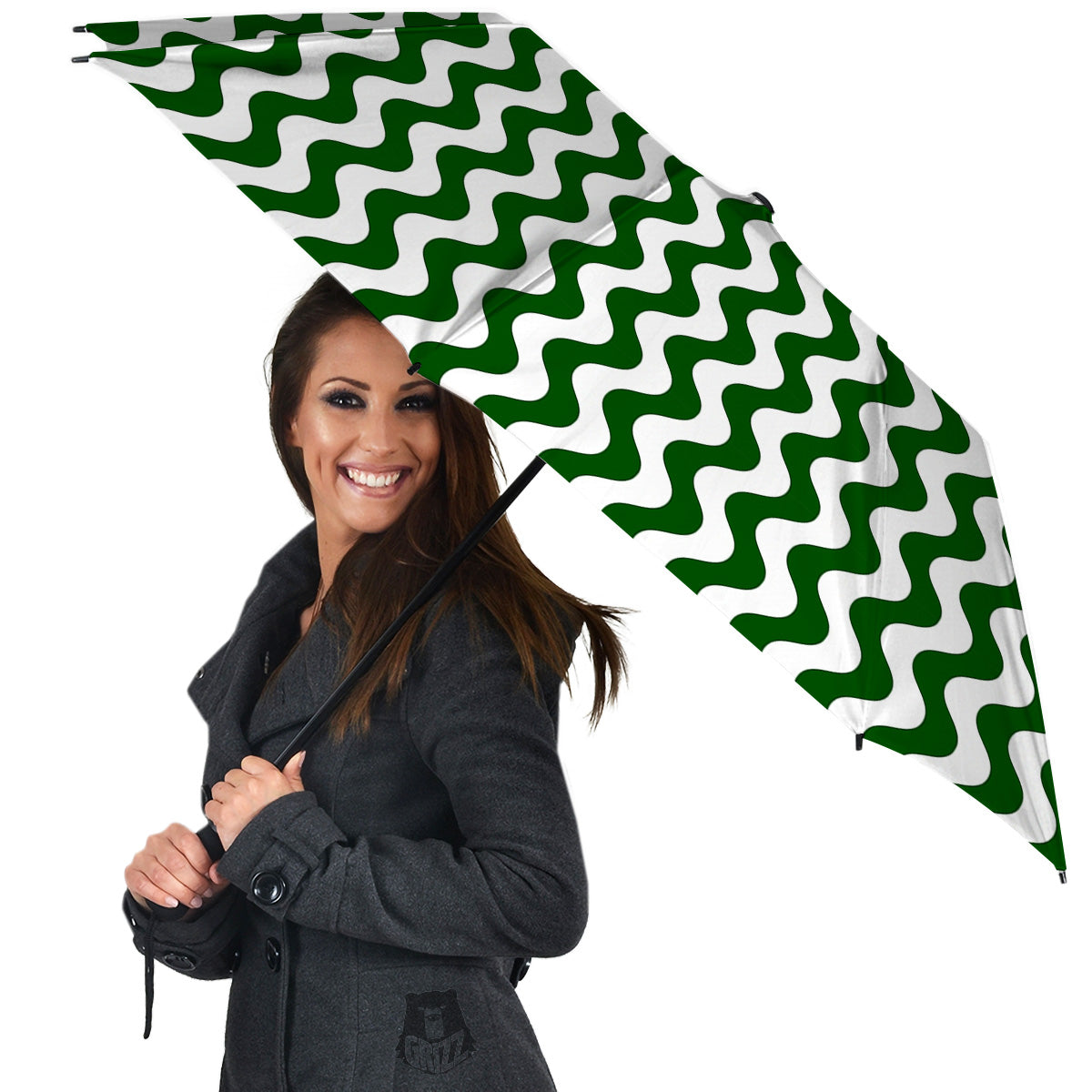 Dark Green Wave Striped Print Umbrella-grizzshop