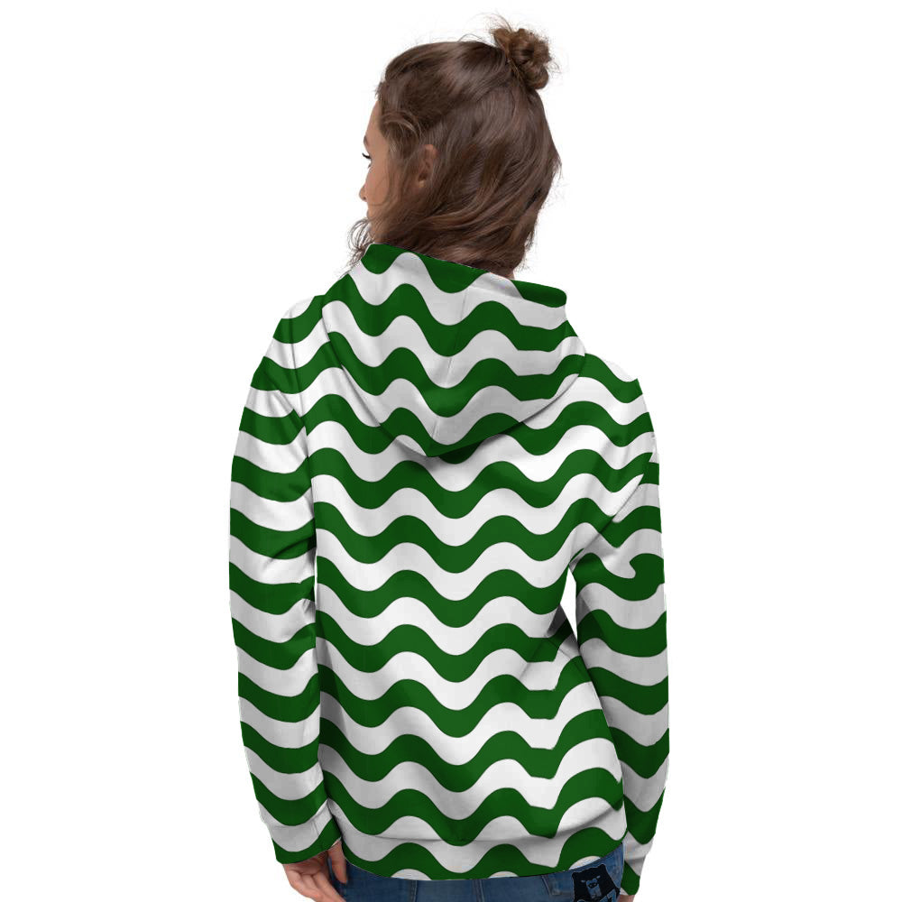 Dark Green Wave Striped Print Women's Hoodie-grizzshop