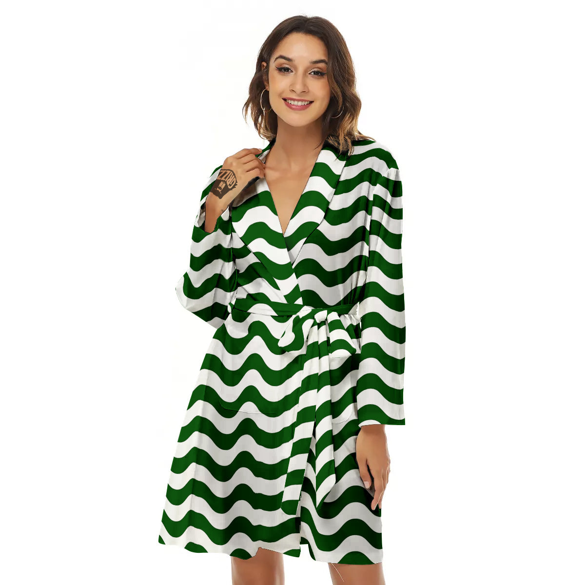 Dark Green Wave Striped Print Women's Robe-grizzshop