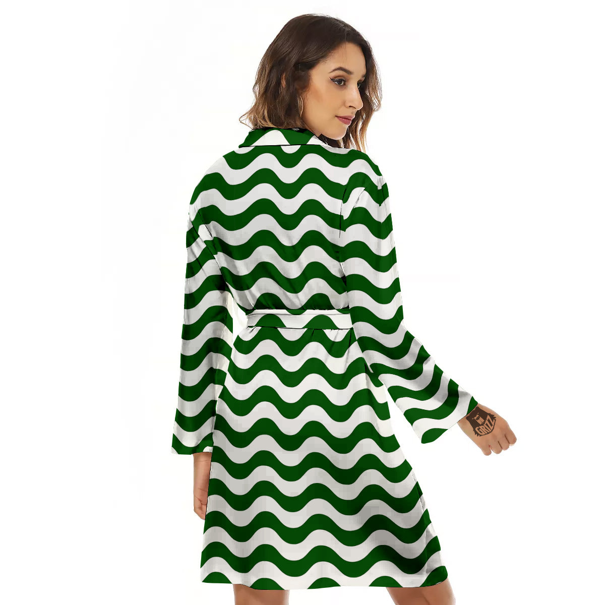 Dark Green Wave Striped Print Women's Robe-grizzshop