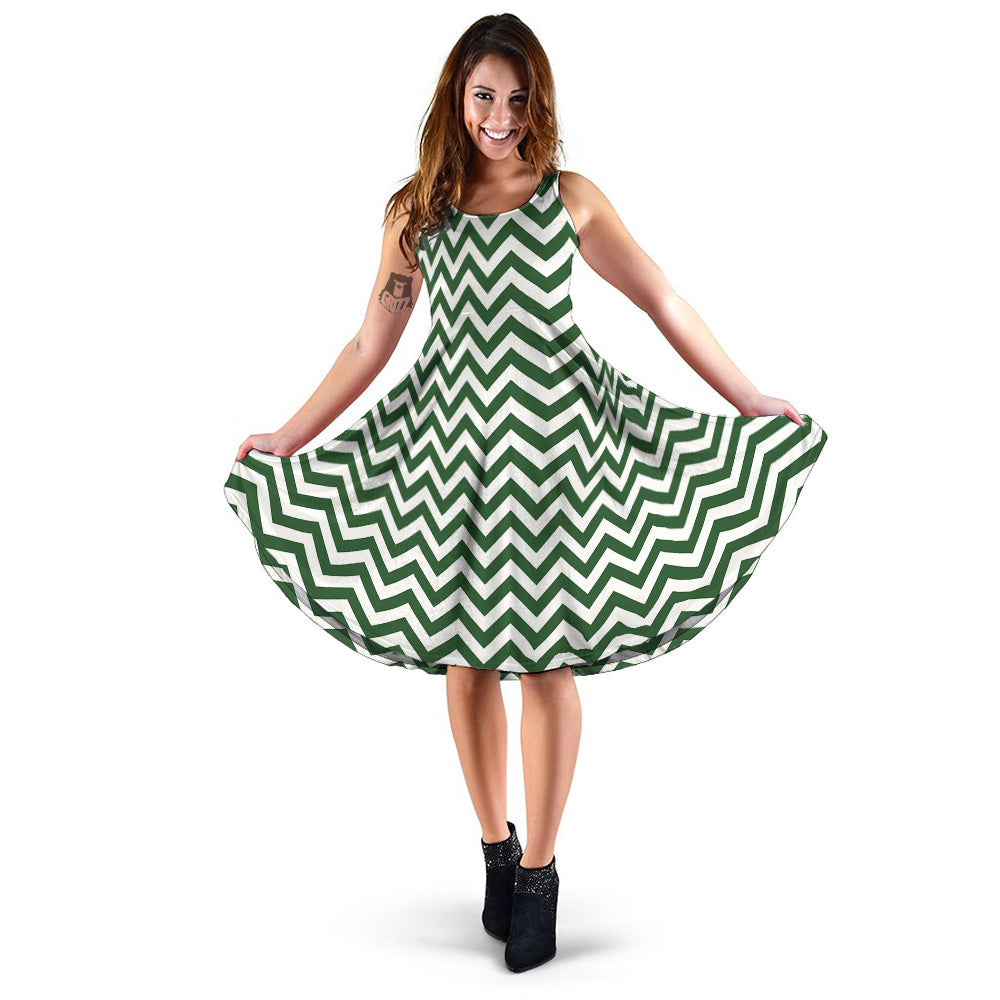 Dark Green Zigzag Print Pattern Dress-grizzshop