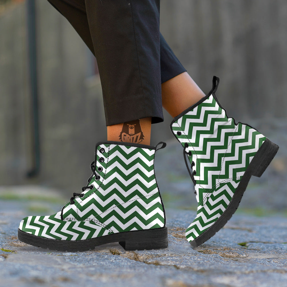 Dark Green Zigzag Print Pattern Leather Boots-grizzshop