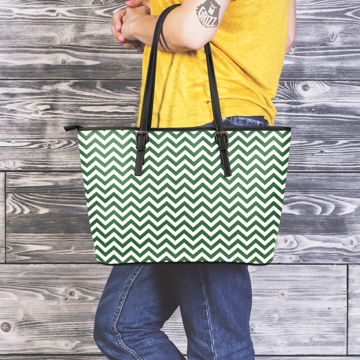 Dark Green Zigzag Print Pattern Leather Tote Bag-grizzshop