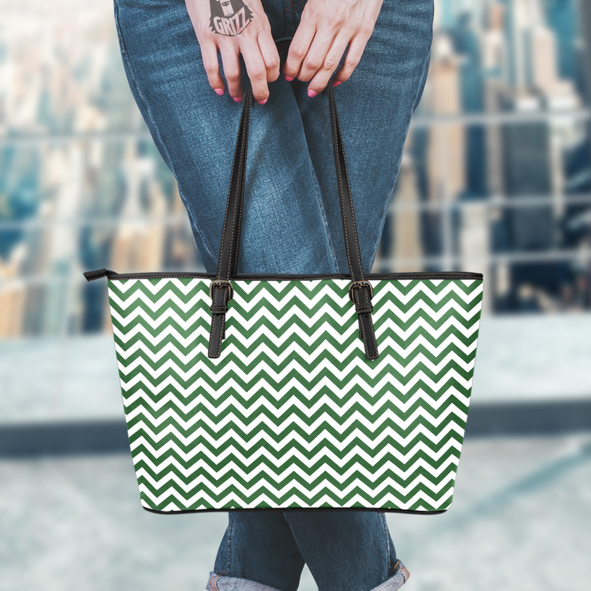 Dark Green Zigzag Print Pattern Leather Tote Bag-grizzshop