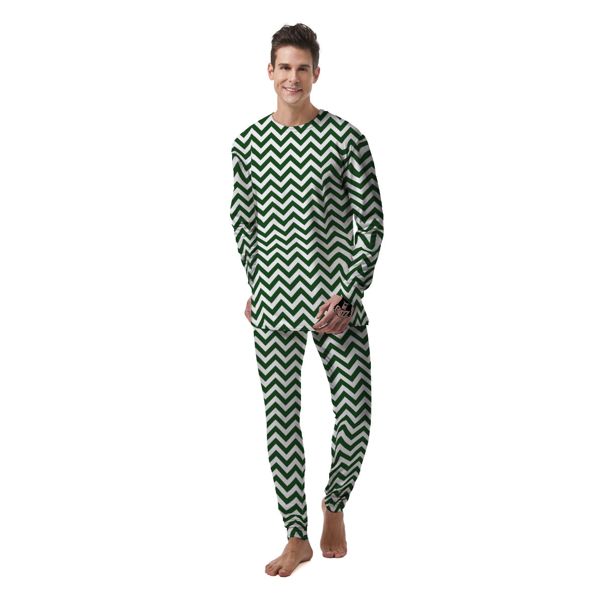 Dark Green Zigzag Print Pattern Men's Pajamas-grizzshop