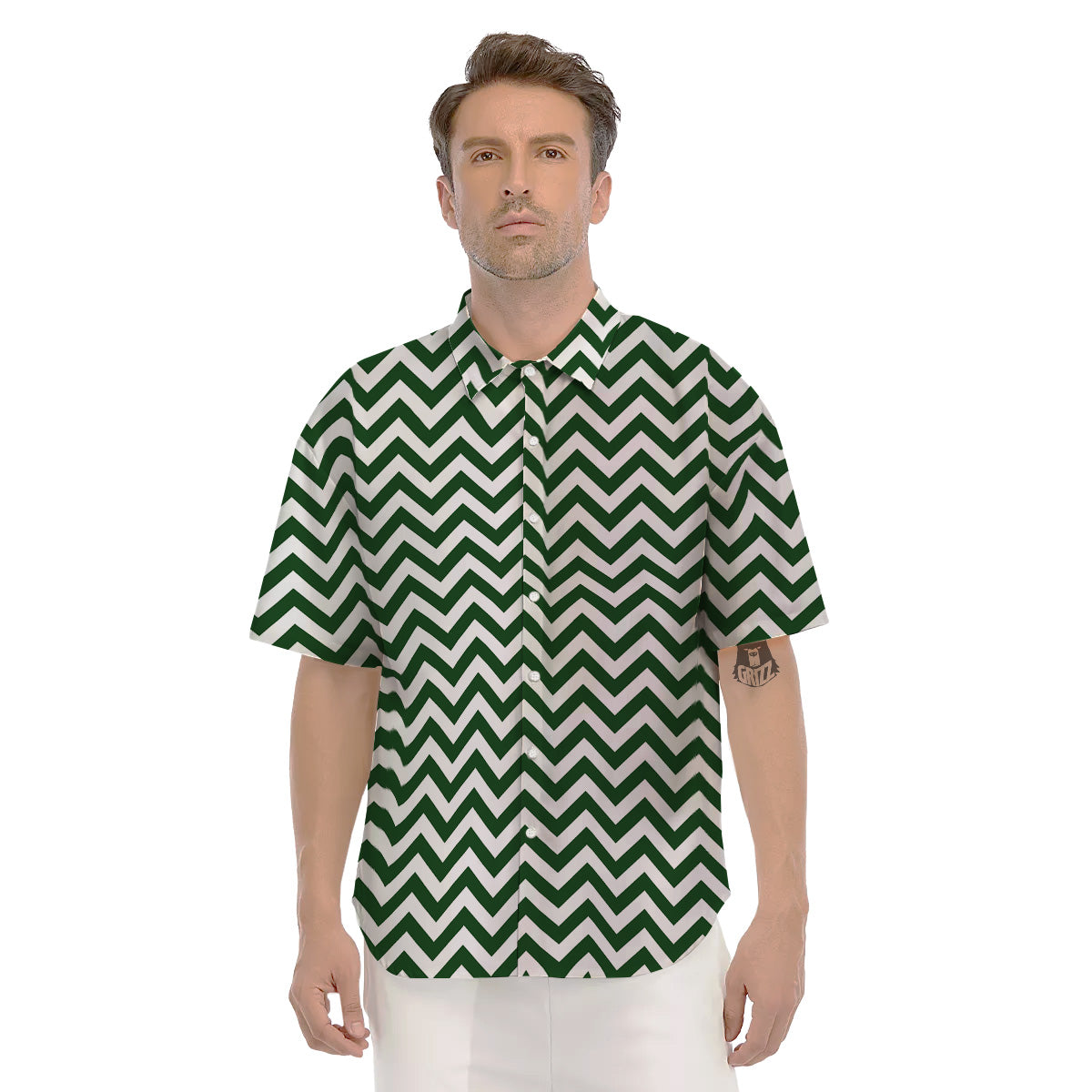 Dark Green Zigzag Print Pattern Men's Short Sleeve Shirts-grizzshop