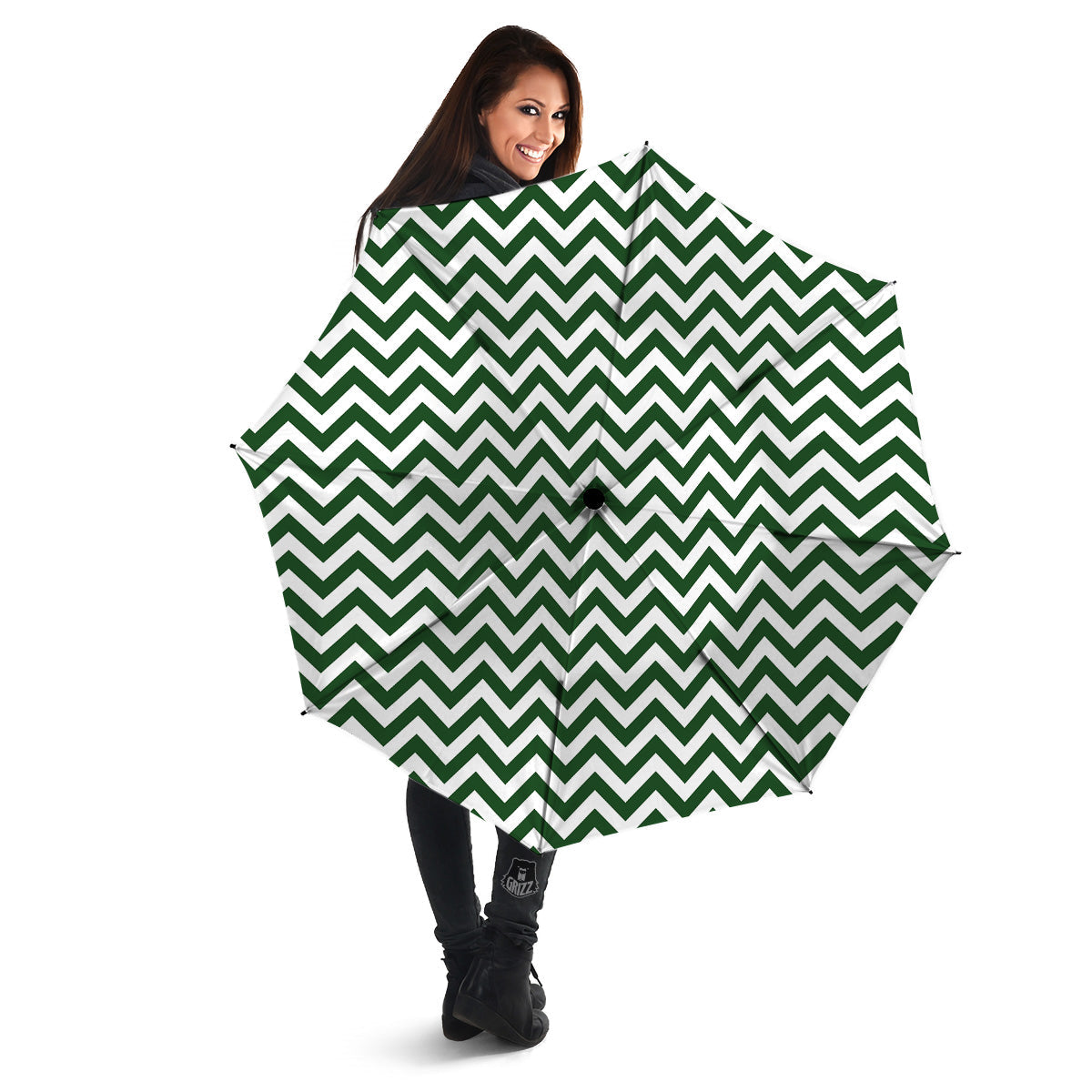 Dark Green Zigzag Print Pattern Umbrella-grizzshop