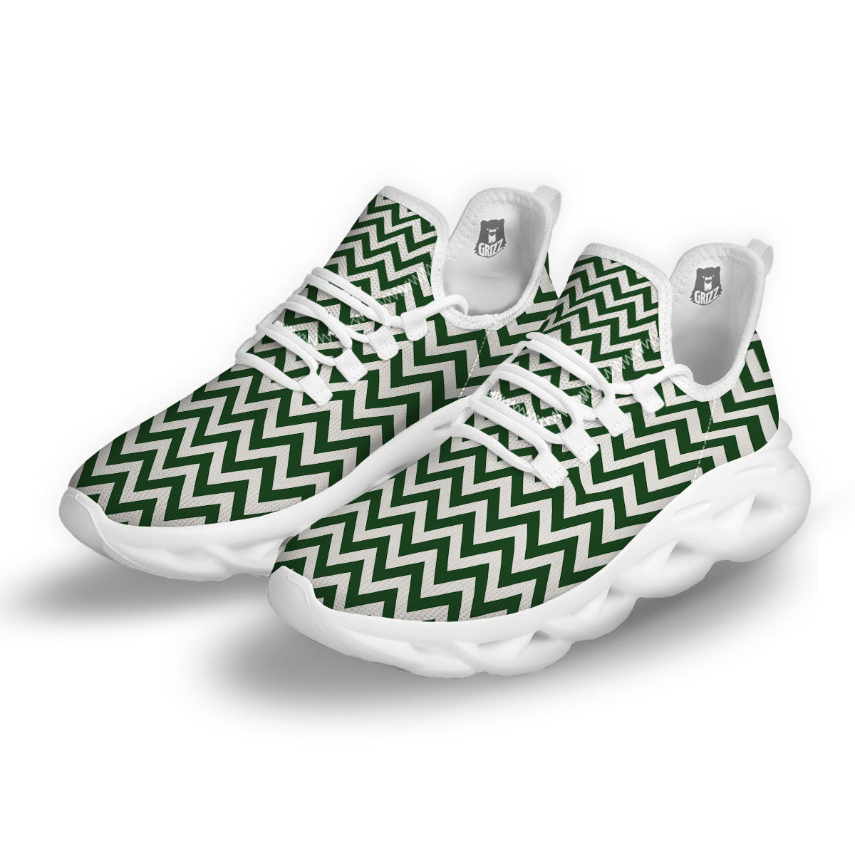 Dark Green Zigzag Print Pattern White Running Shoes-grizzshop