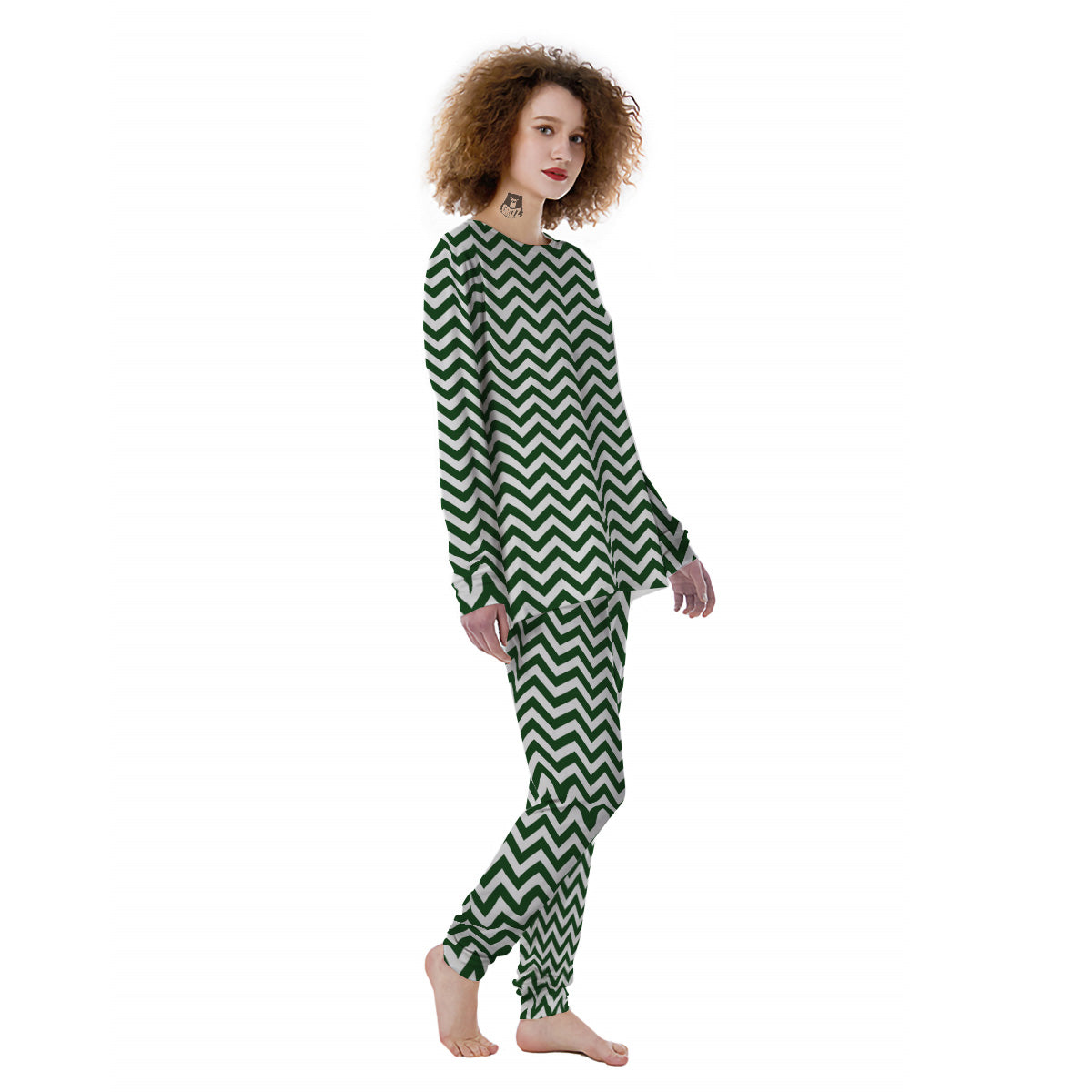 Dark Green Zigzag Print Pattern Women's Pajamas-grizzshop