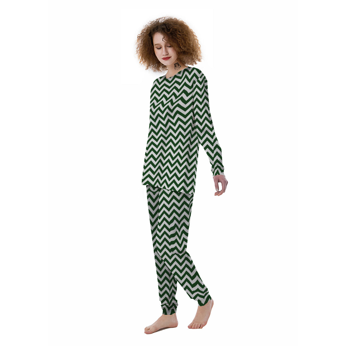 Dark Green Zigzag Print Pattern Women's Pajamas-grizzshop