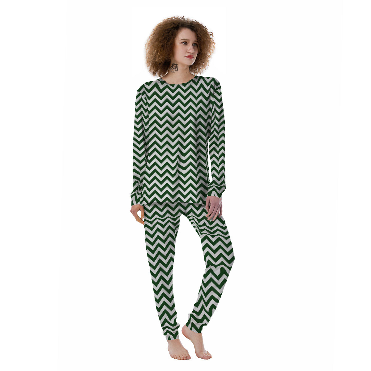 Dark Green Zigzag Print Pattern Women's Pajamas-grizzshop