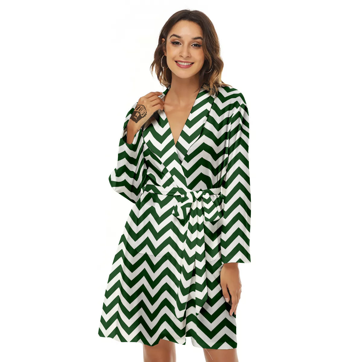 Dark Green Zigzag Print Pattern Women's Robe-grizzshop