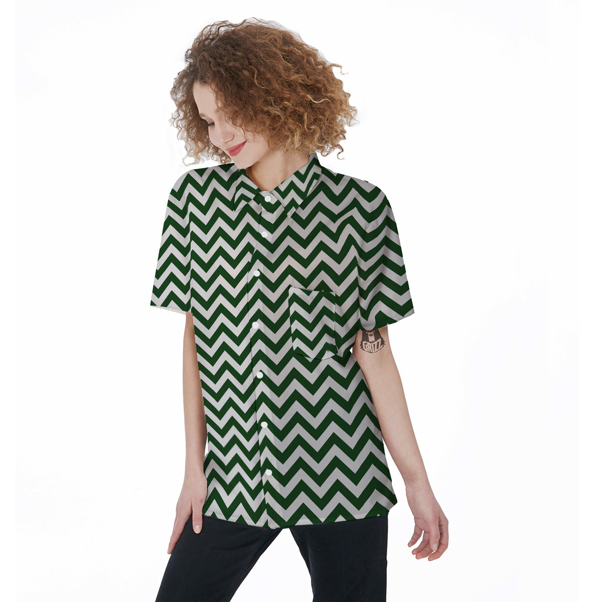 Dark Green Zigzag Print Pattern Women's Short Sleeve Shirts-grizzshop