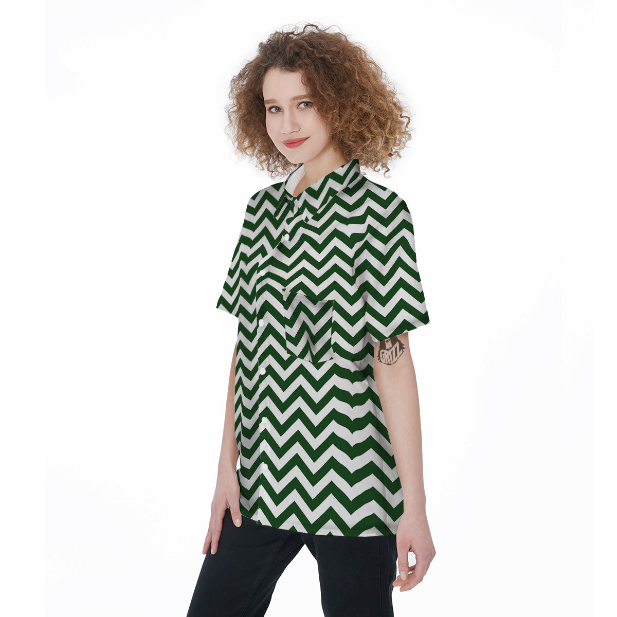 Dark Green Zigzag Print Pattern Women's Short Sleeve Shirts-grizzshop