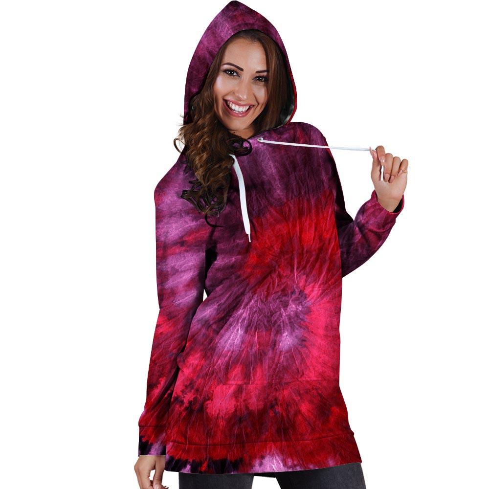 Dark Red Tie Dye Hoodie Dress-grizzshop