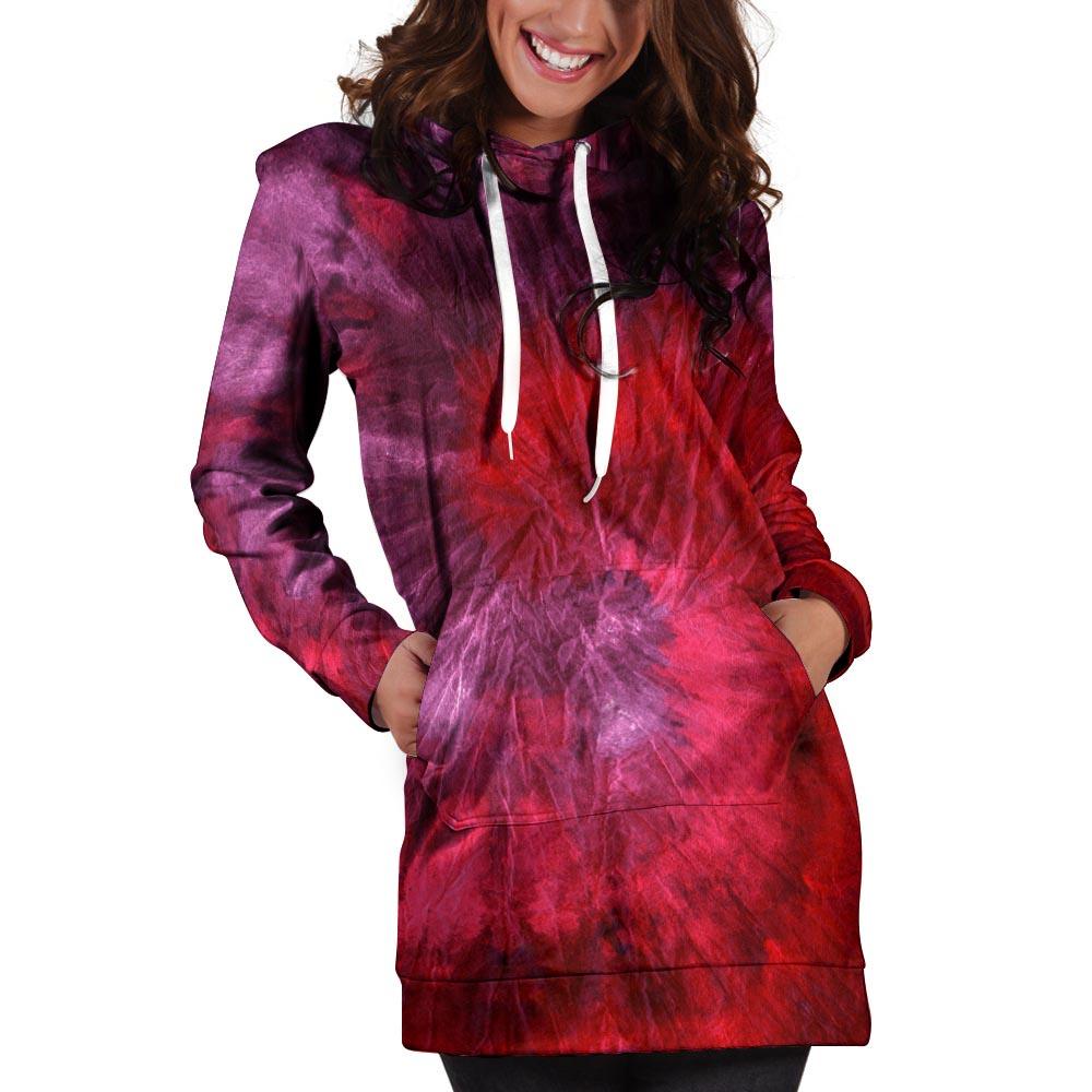 Dark Red Tie Dye Hoodie Dress-grizzshop