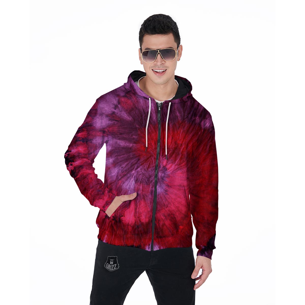Dark Red Tie Dye Men's Zip Up Hoodie-grizzshop