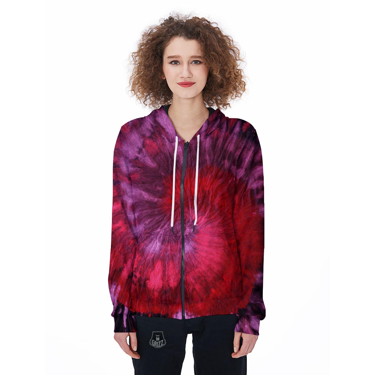 Dark Red Tie Dye Women's Zip Up Hoodie-grizzshop