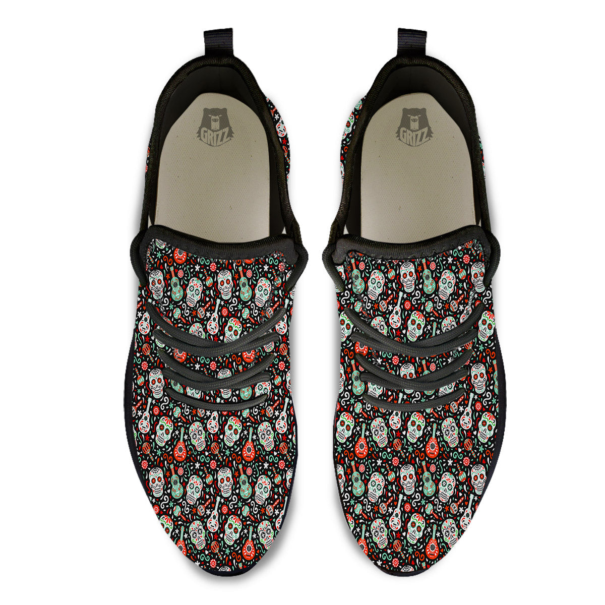 Day Of The Dead Calaveras Print Pattern Black Athletic Shoes-grizzshop