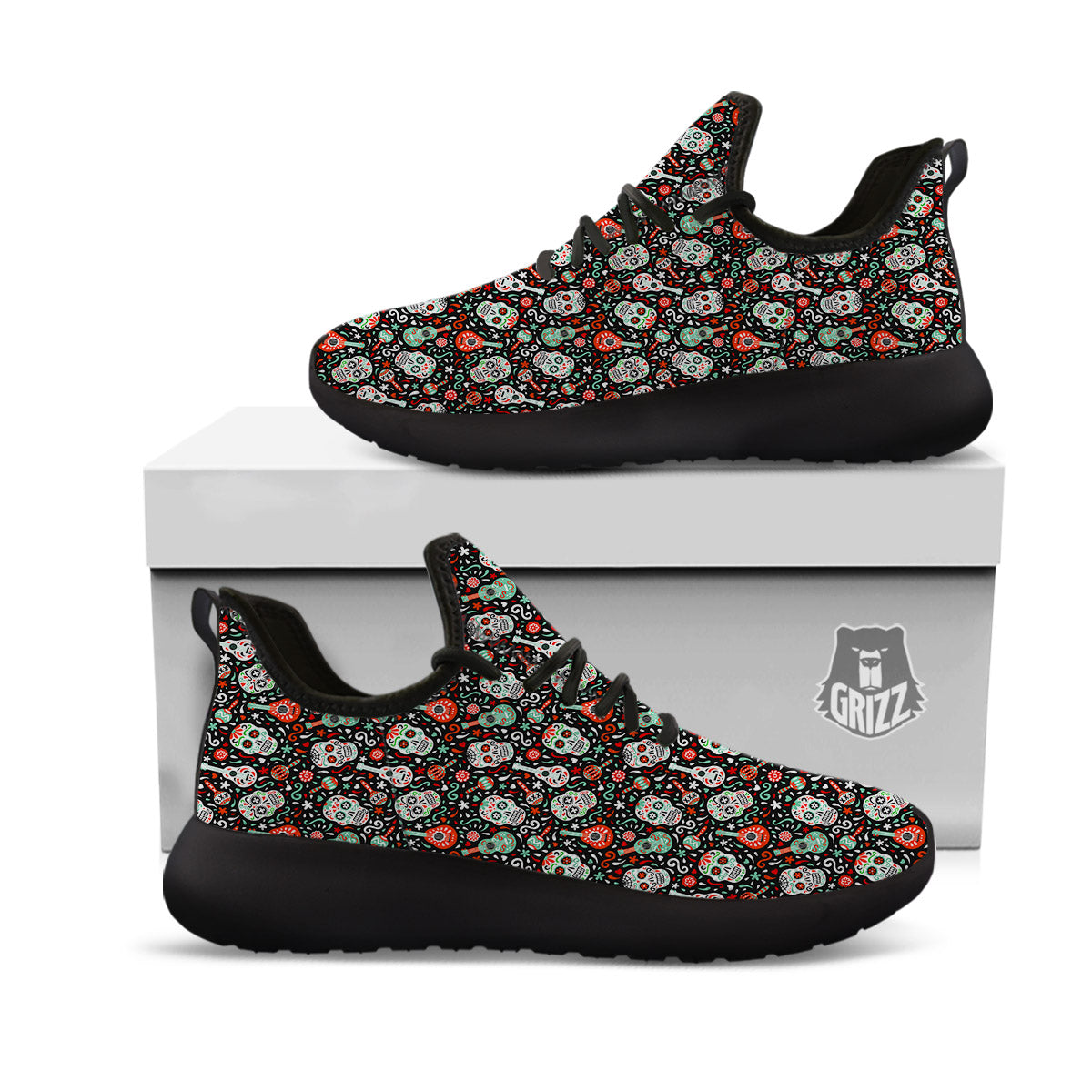 Day Of The Dead Calaveras Print Pattern Black Athletic Shoes-grizzshop