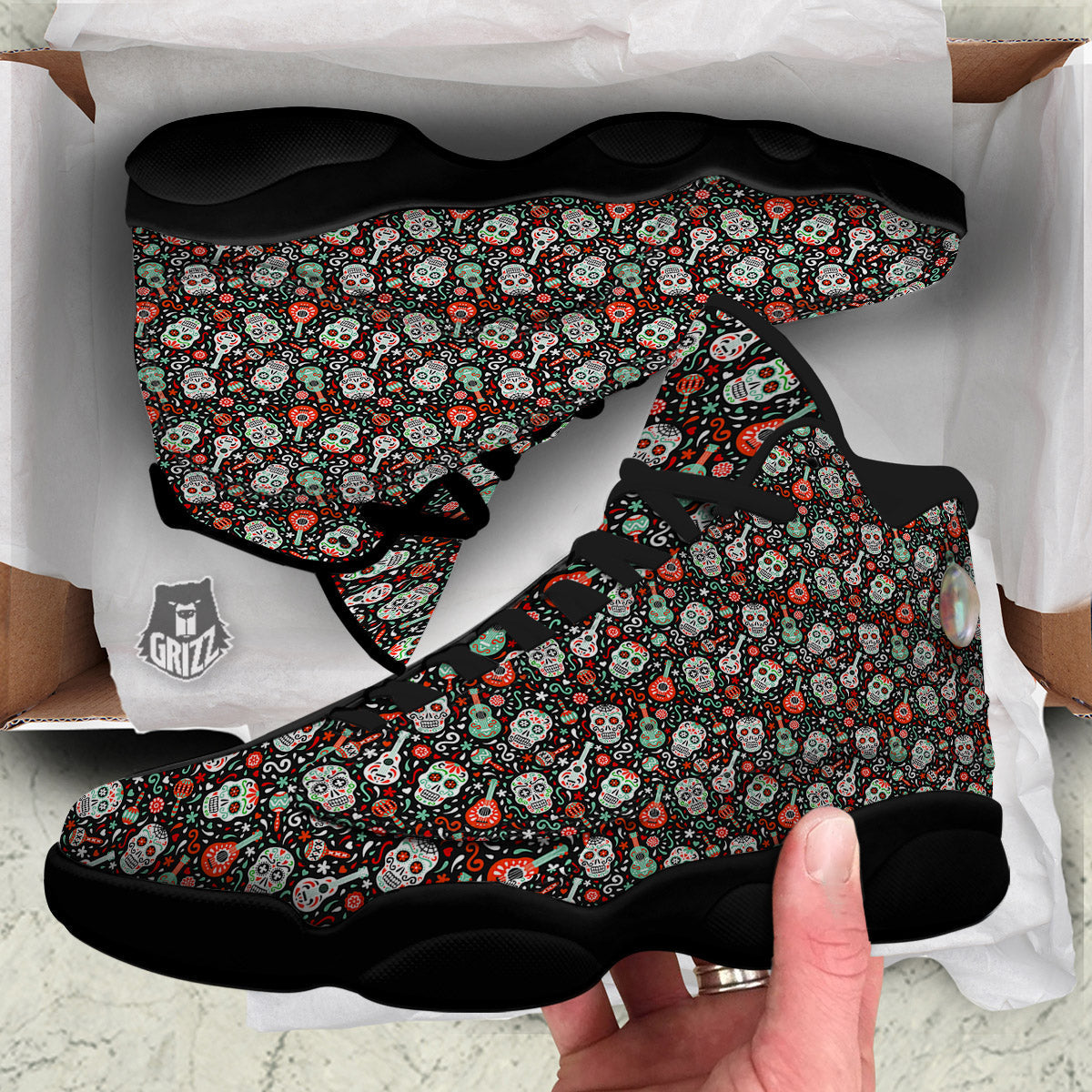 Day Of The Dead Calaveras Print Pattern Black Basketball Shoes-grizzshop