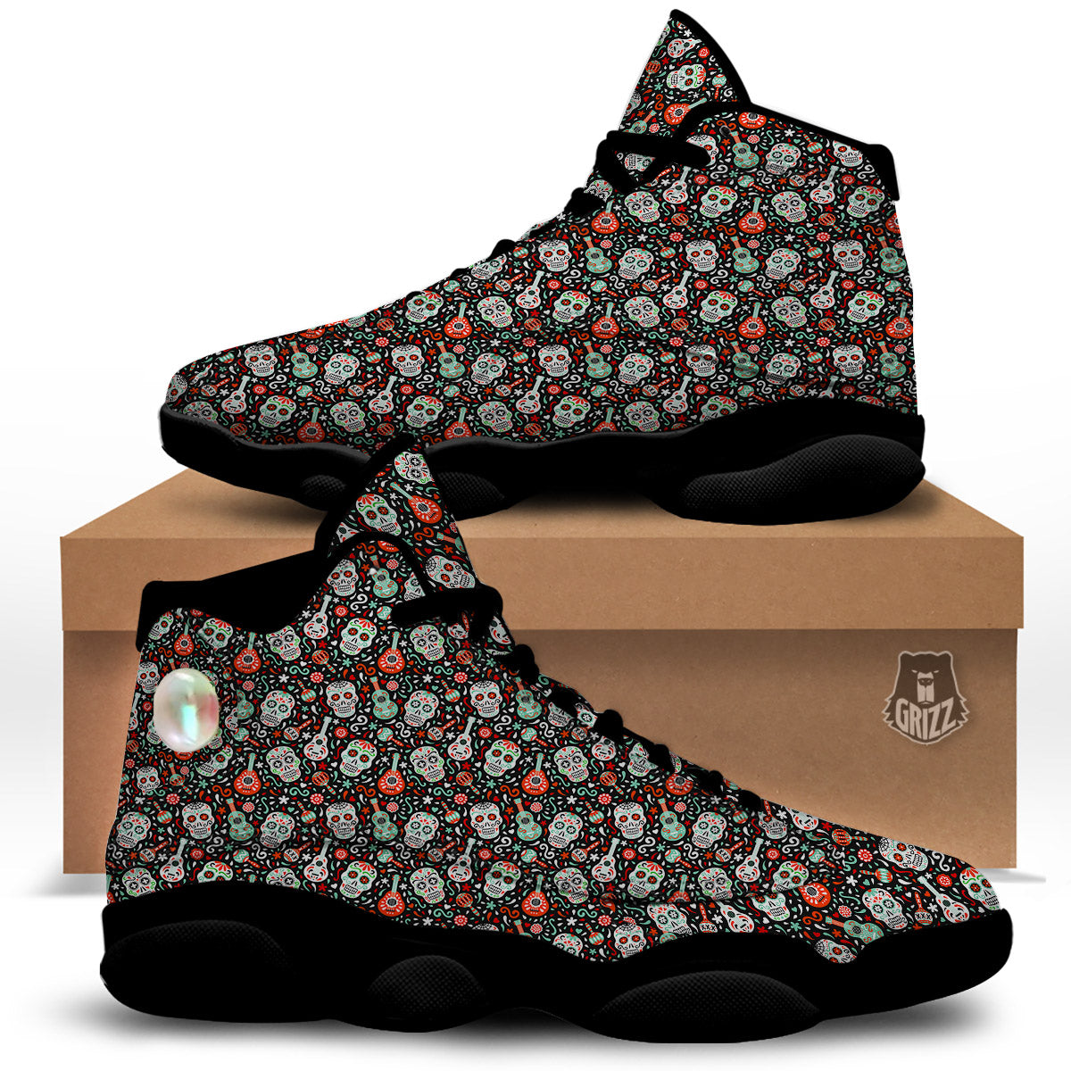 Day Of The Dead Calaveras Print Pattern Black Basketball Shoes-grizzshop