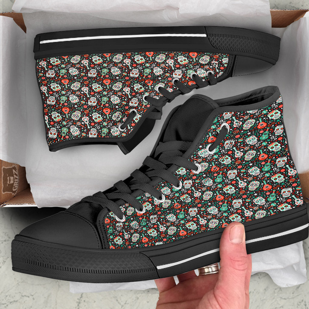 Day Of The Dead Calaveras Print Pattern Black High Top Shoes-grizzshop