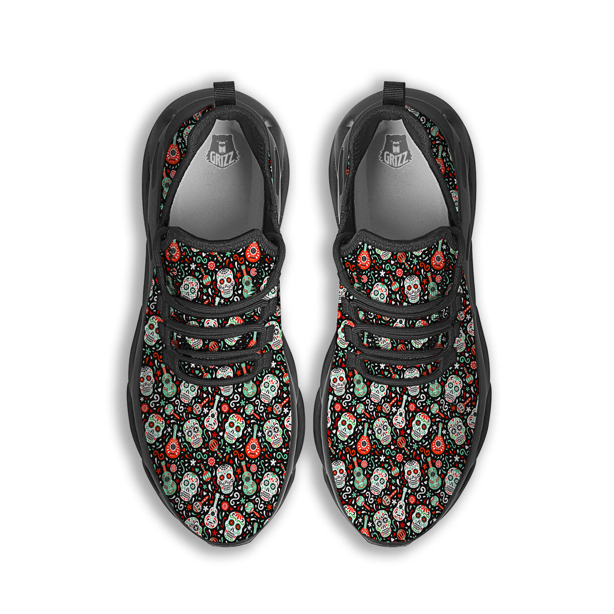 Day Of The Dead Calaveras Print Pattern Black Running Shoes-grizzshop