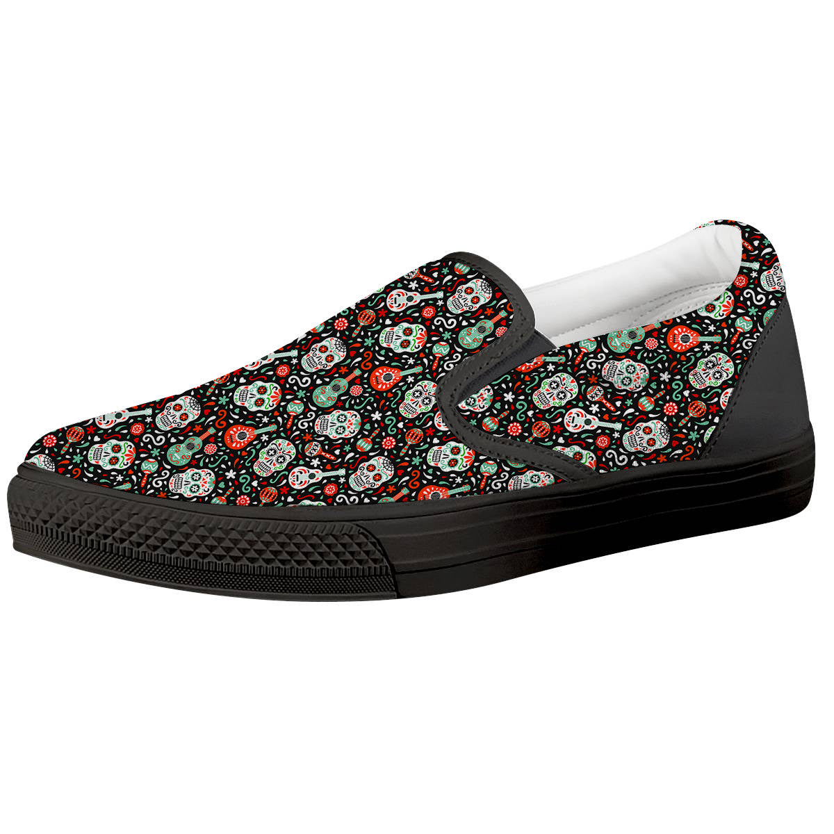 Day Of The Dead Calaveras Print Pattern Black Slip On Shoes-grizzshop