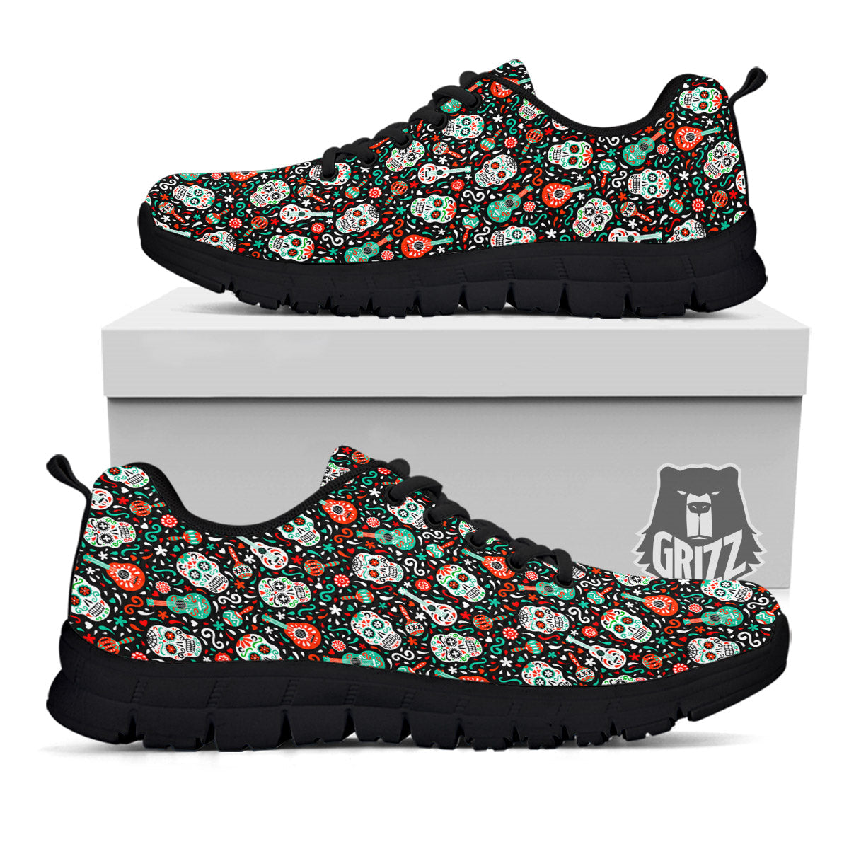 Day Of The Dead Calaveras Print Pattern Black Sneaker-grizzshop