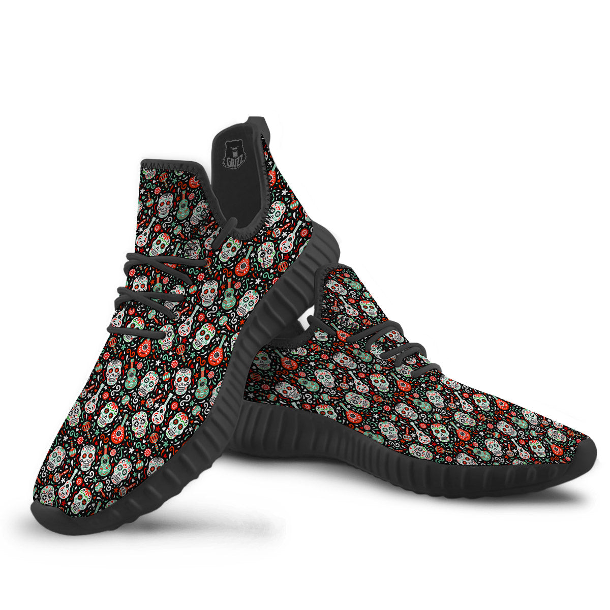 Day Of The Dead Calaveras Print Pattern Black Walking Shoes-grizzshop