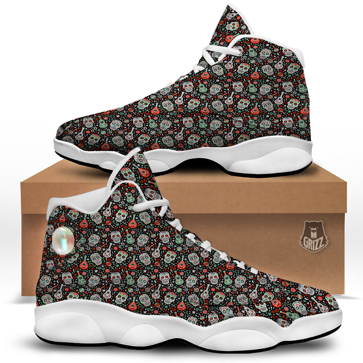 Day Of The Dead Calaveras Print Pattern White Basketball Shoes-grizzshop