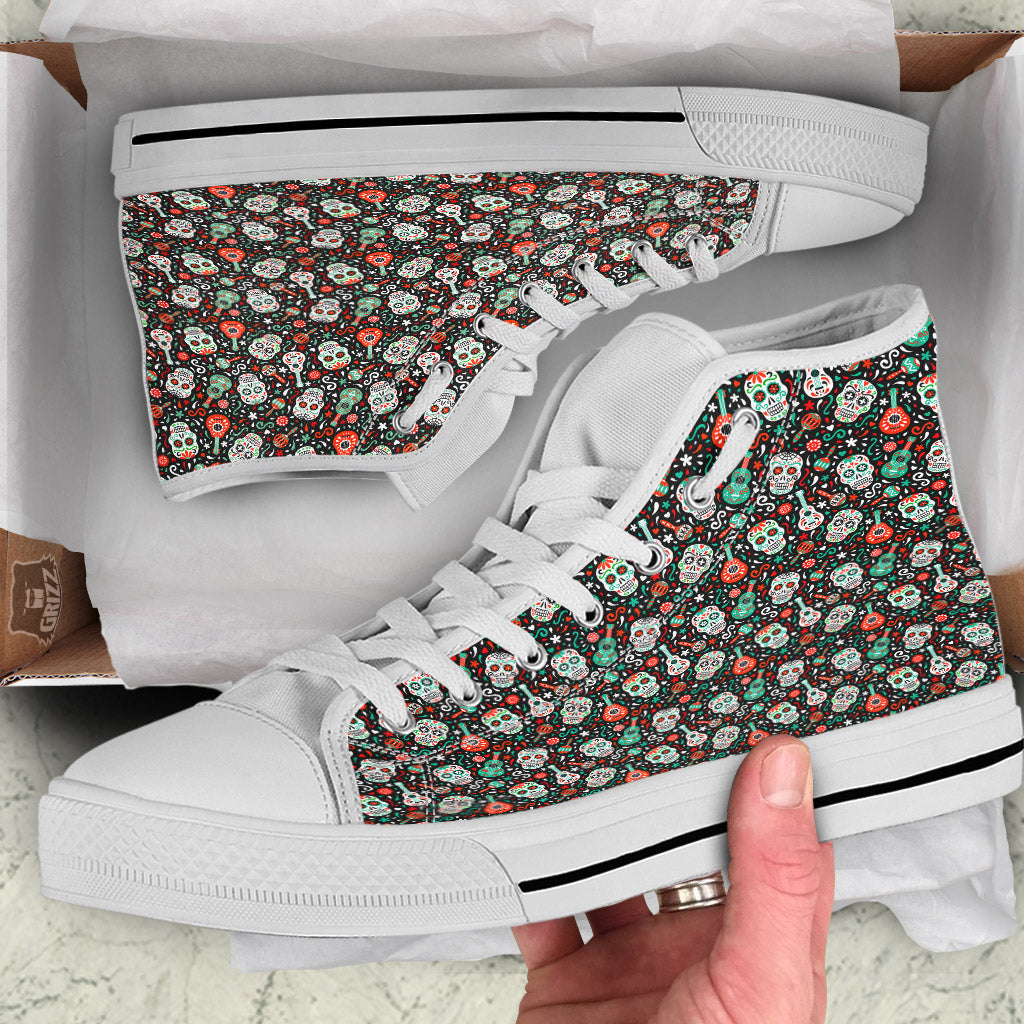Day Of The Dead Calaveras Print Pattern White High Top Shoes-grizzshop