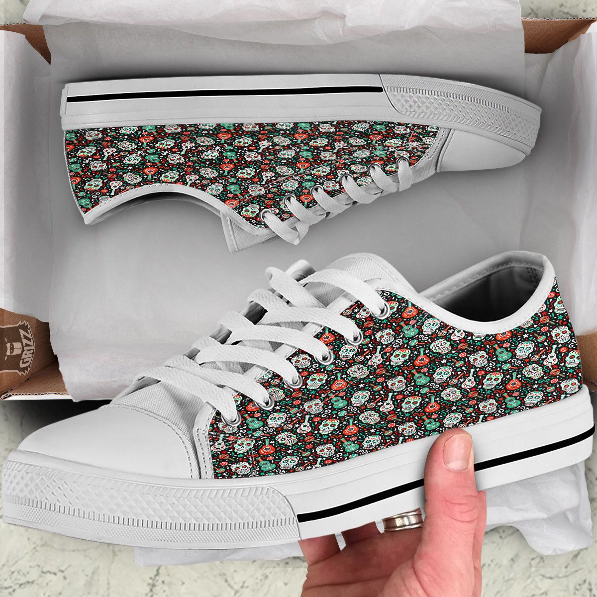 Day Of The Dead Calaveras Print Pattern White Low Top Shoes-grizzshop