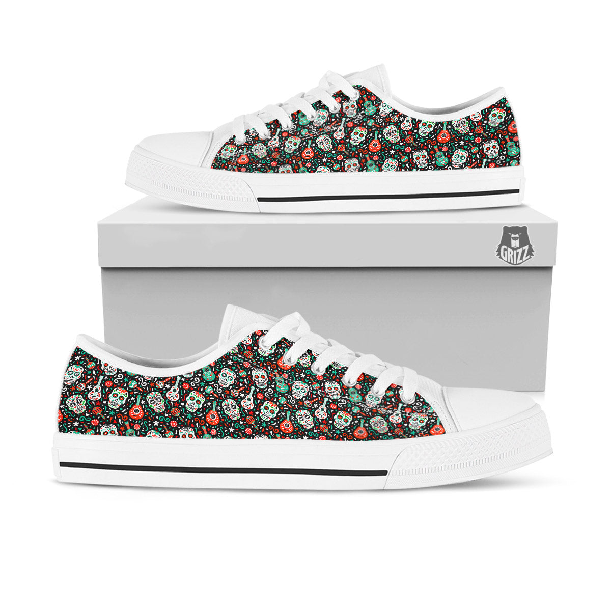 Day Of The Dead Calaveras Print Pattern White Low Top Shoes-grizzshop