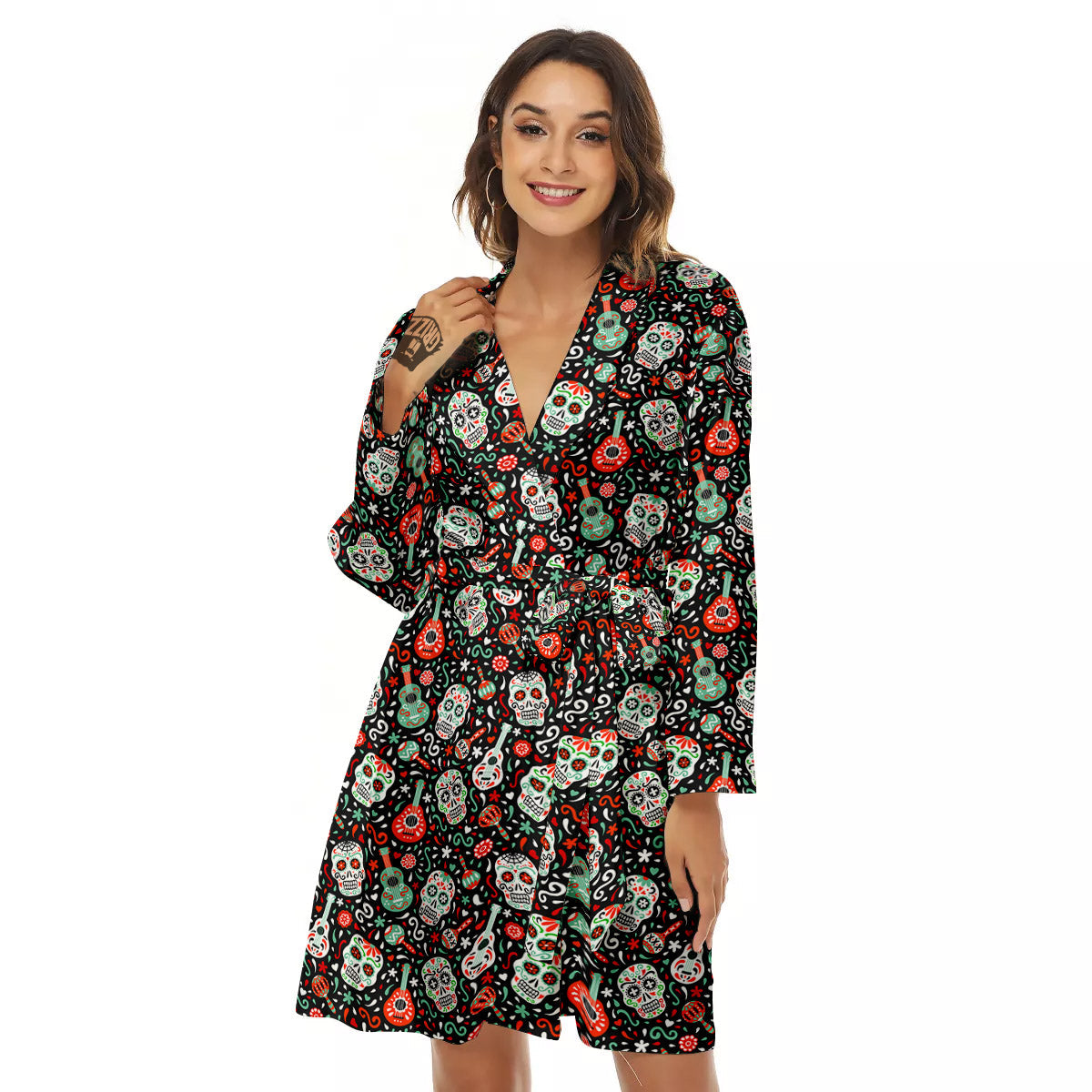Day Of The Dead Calaveras Print Pattern Women's Robe-grizzshop